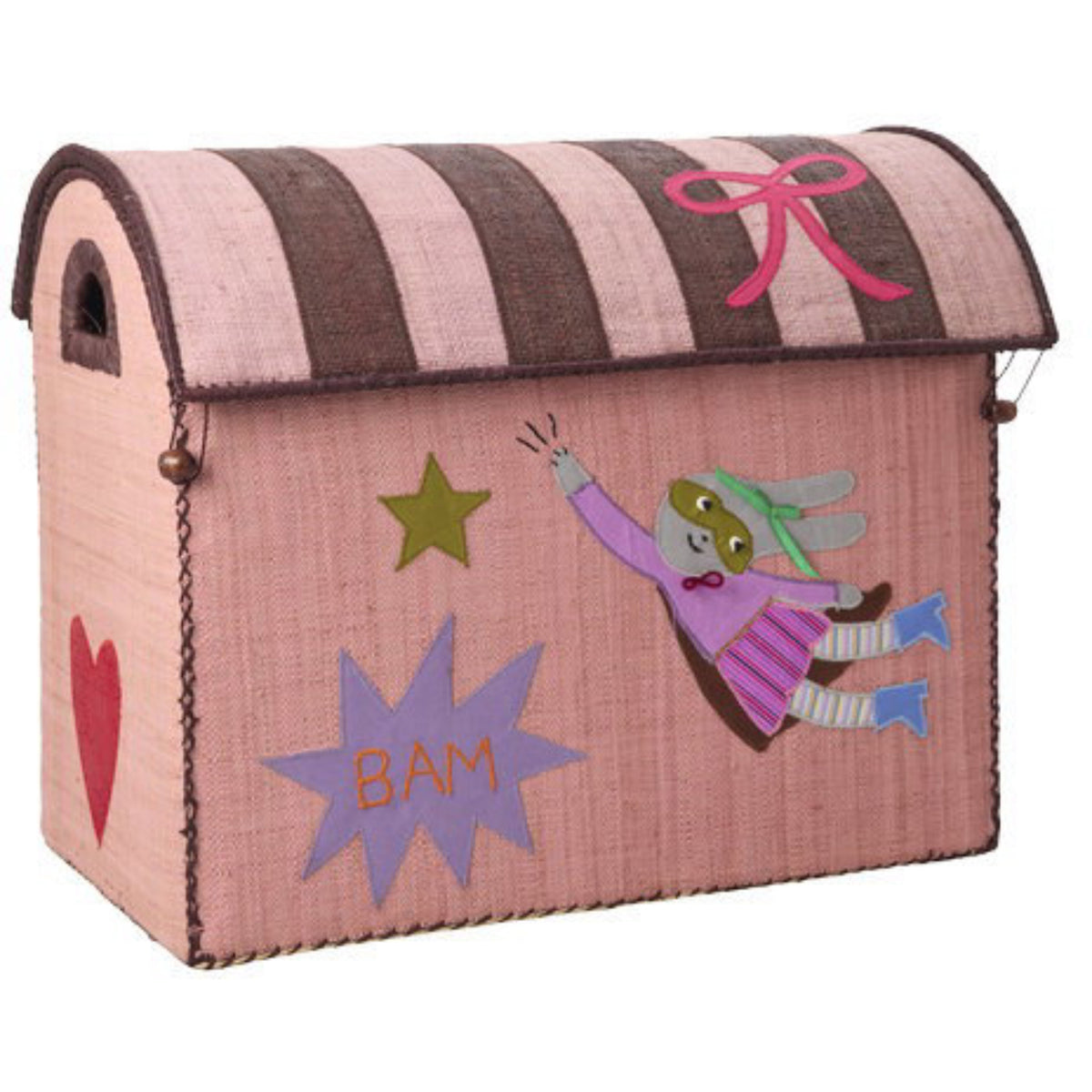 Rice Raffia Toy Baskets With Hero Theme - Pink - Set Of 3