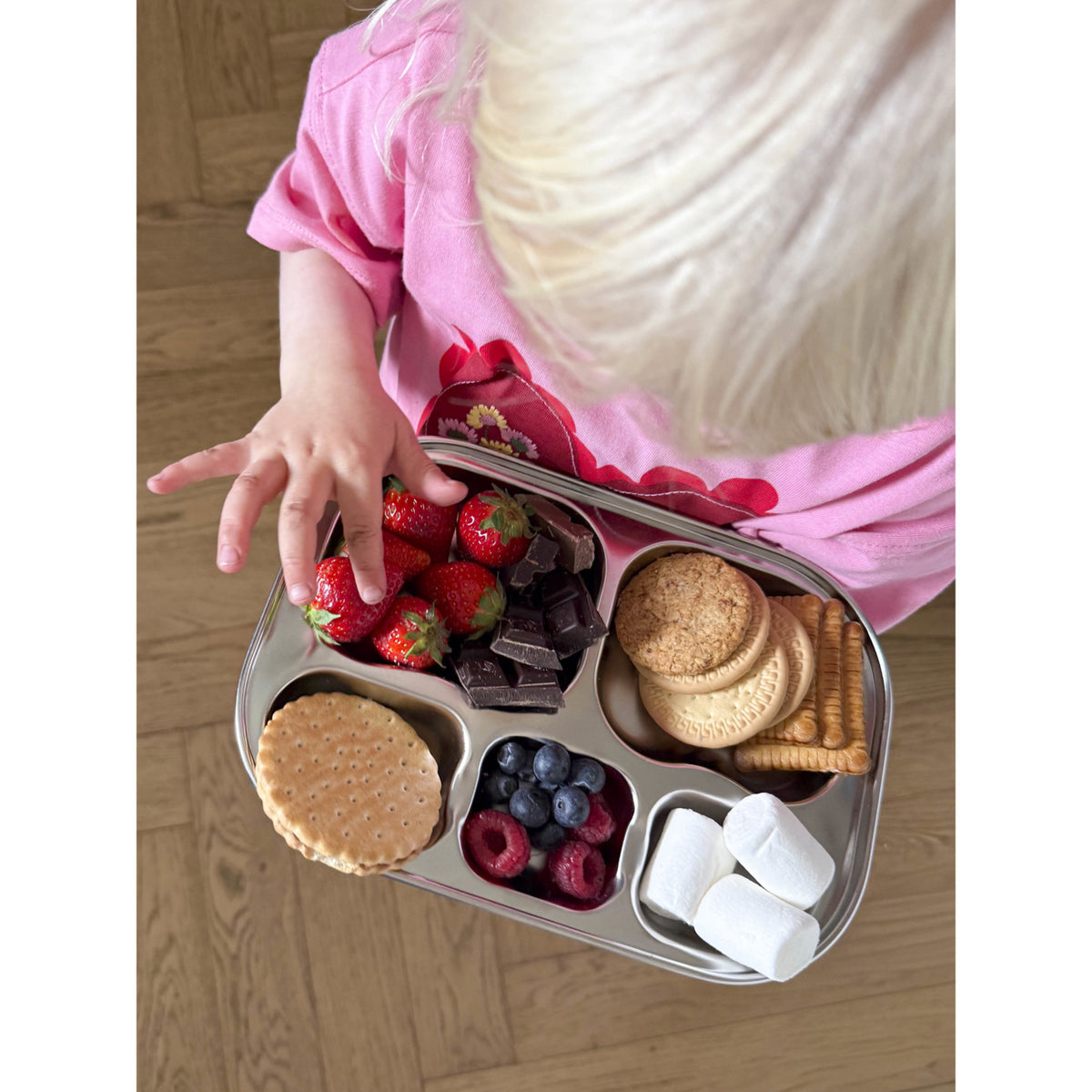 Rice Stainless Steel 5 Room Plate With Pink Fun Fair Laser Print