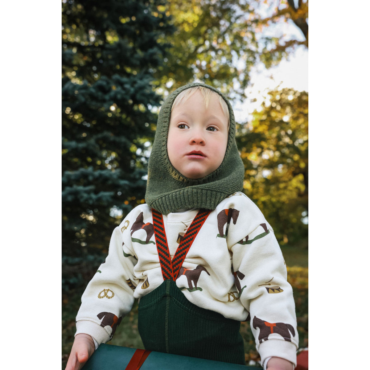 Silly Silas Footless Cotton Tights With Braces Dark Forest Green Christmas Patterned