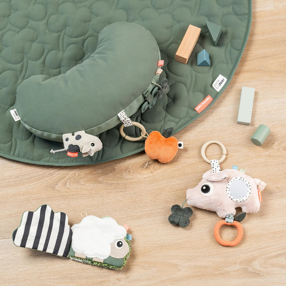 DonebyDeer Green Tummy time activity pillow Tiny farm