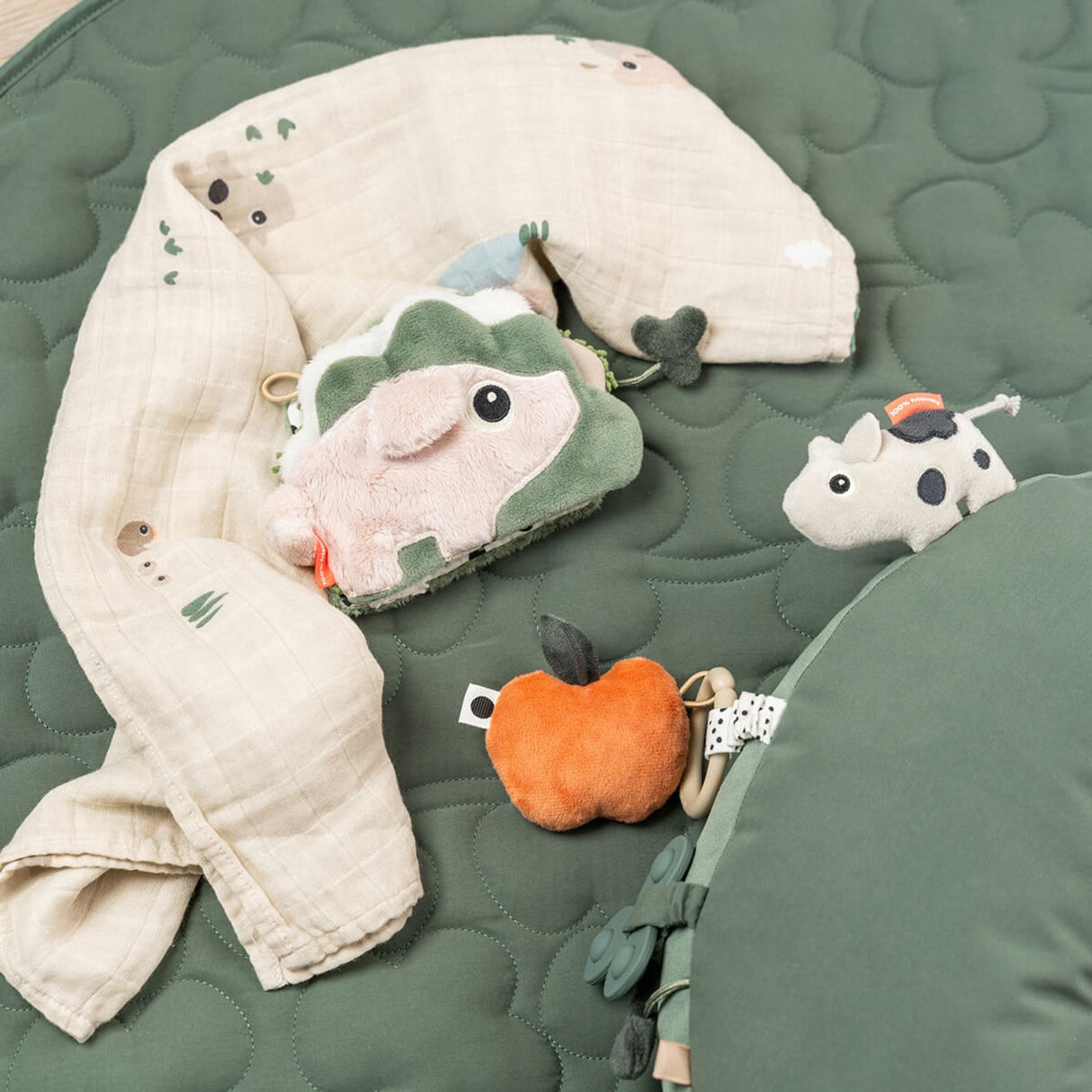 DonebyDeer Green Tummy time activity pillow Tiny farm