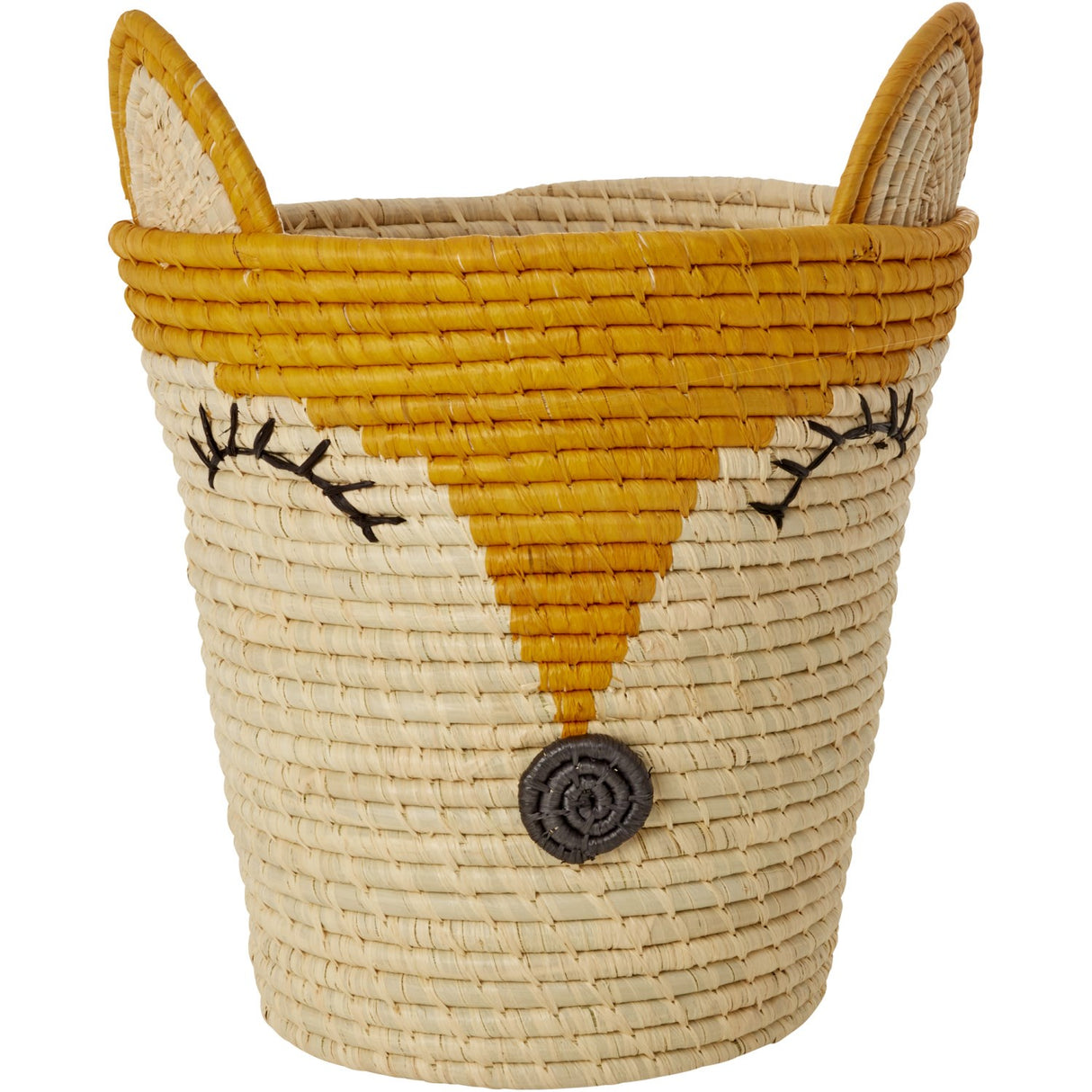 Rice Round Raffia Basket With Fox Head - Yellow
