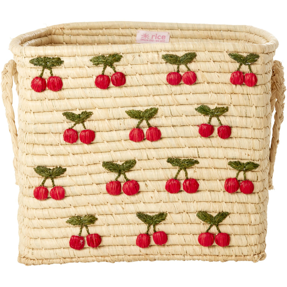 Rice Raffia Square Basket With Small Cherries All Over Embroidery - Raffia Handles