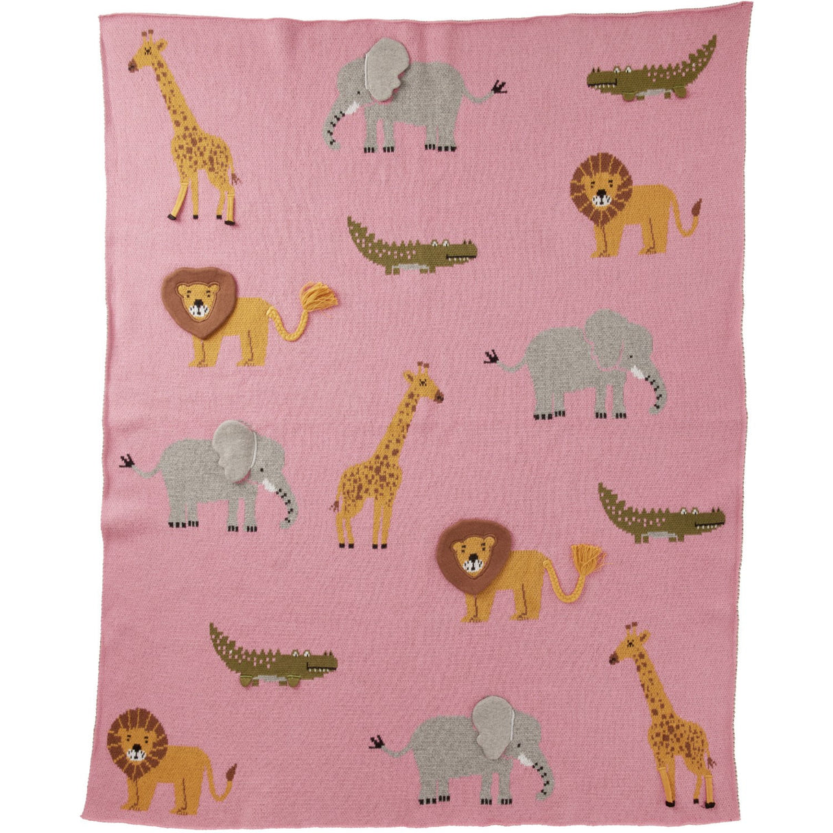 Rice Knitted Baby Blanket In Pink With Animals And 3D Details - Pink