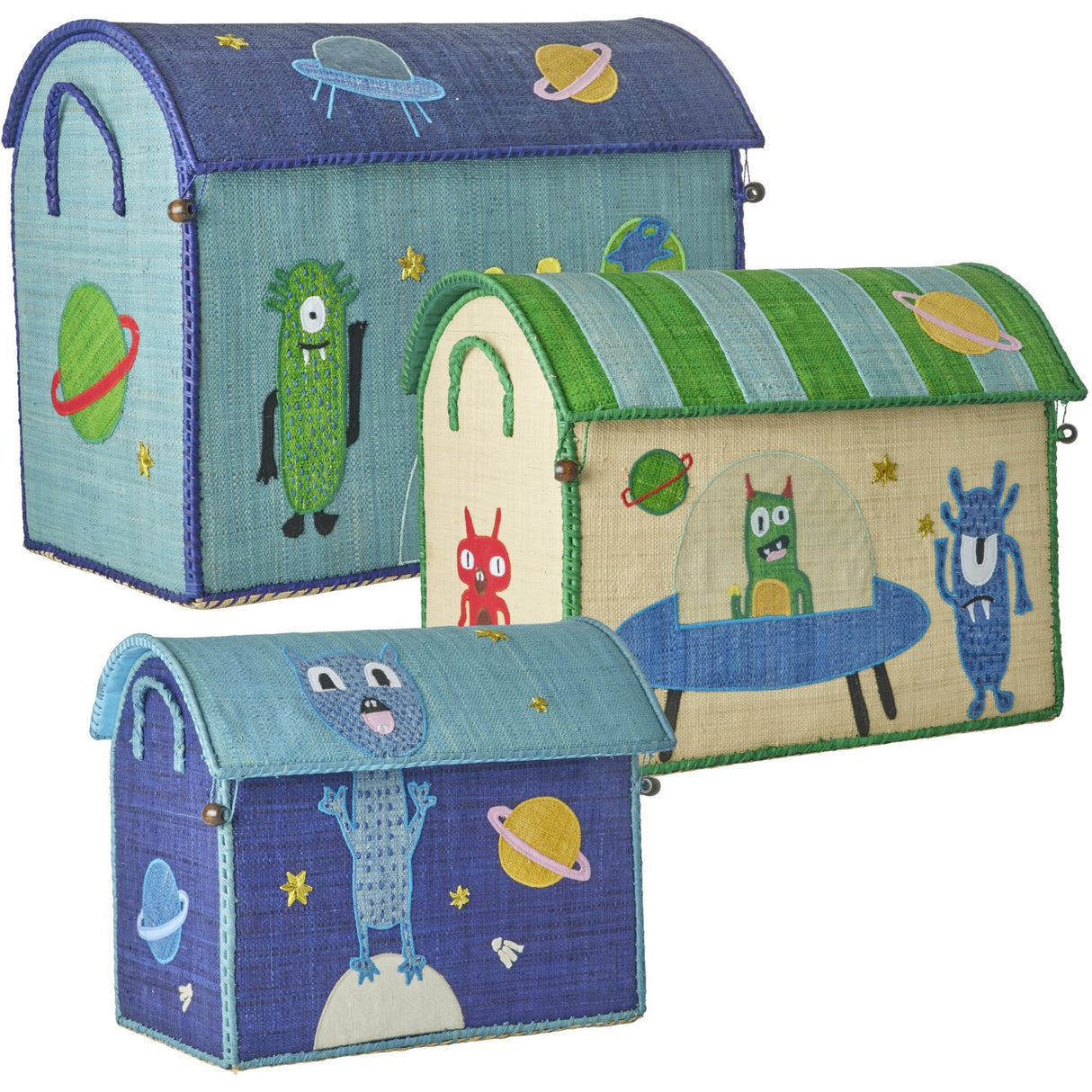 Rice Raffia Toy Baskets With Monsters Theme - Set Of 3