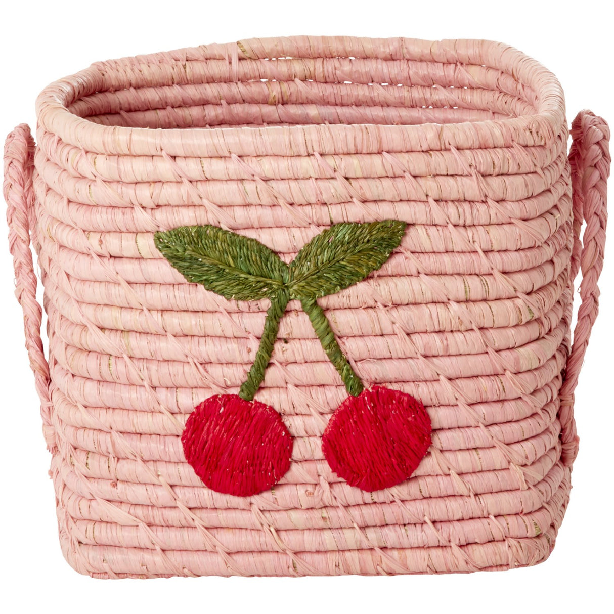 Rice Raffia Square Basket With Big Cherry Embroidery - Raffia Handles - Small
