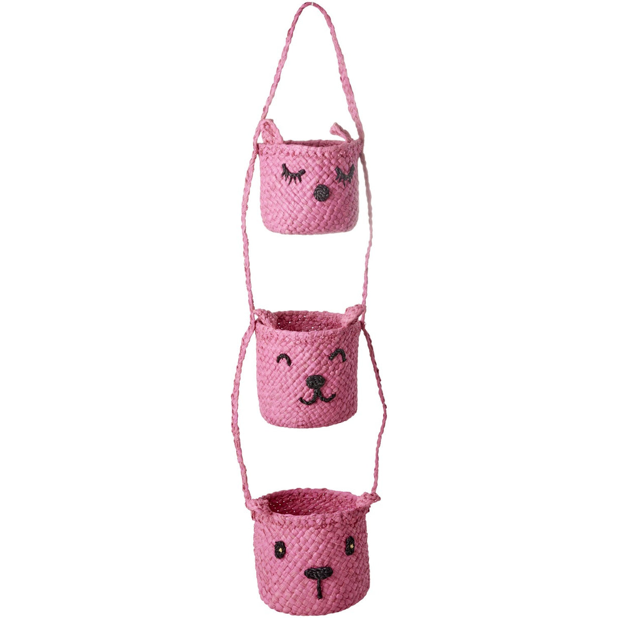 Rice Raffia 3-Tier Hanging Storage With Animal Faces In Pink