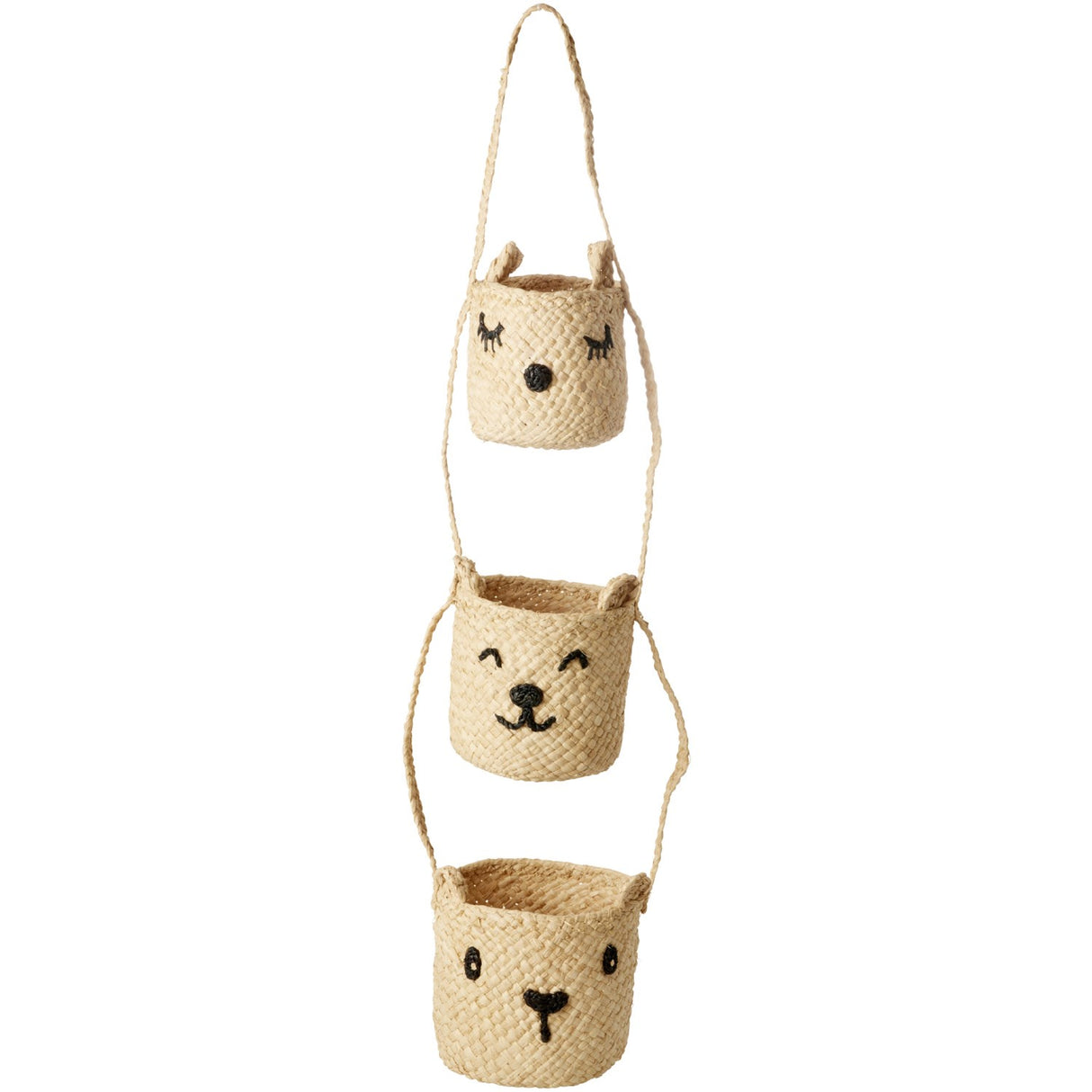 Rice Raffia 3-Tier Hanging Storage With Animal Faces In Natural