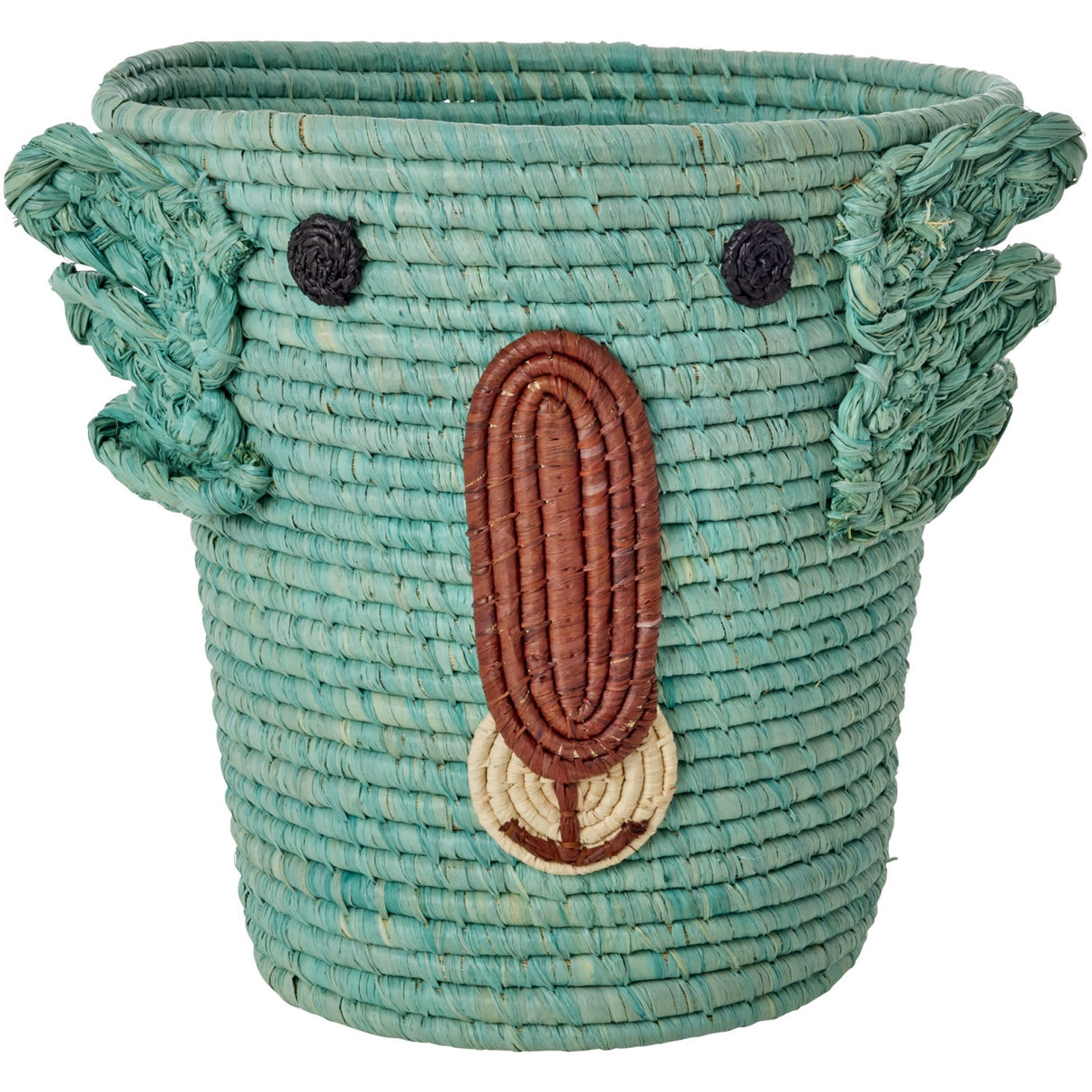 Rice Round Raffia Basket With Koala Head - Aqua