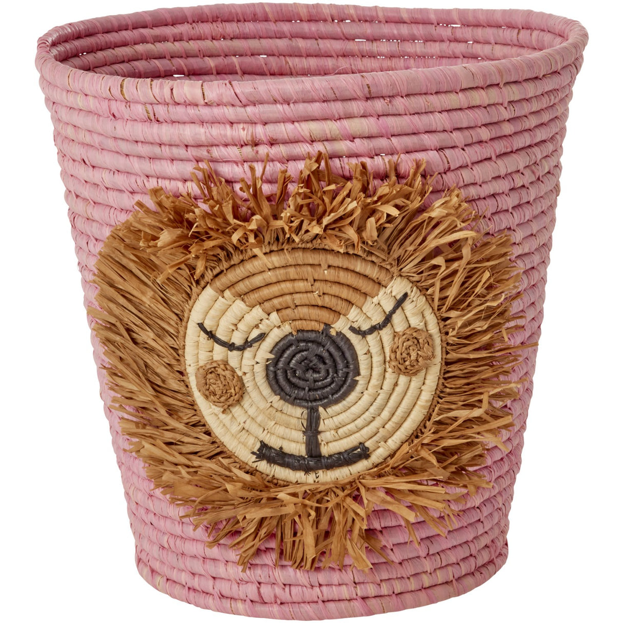 Rice Round Raffia Basket With Lion Head - Pink