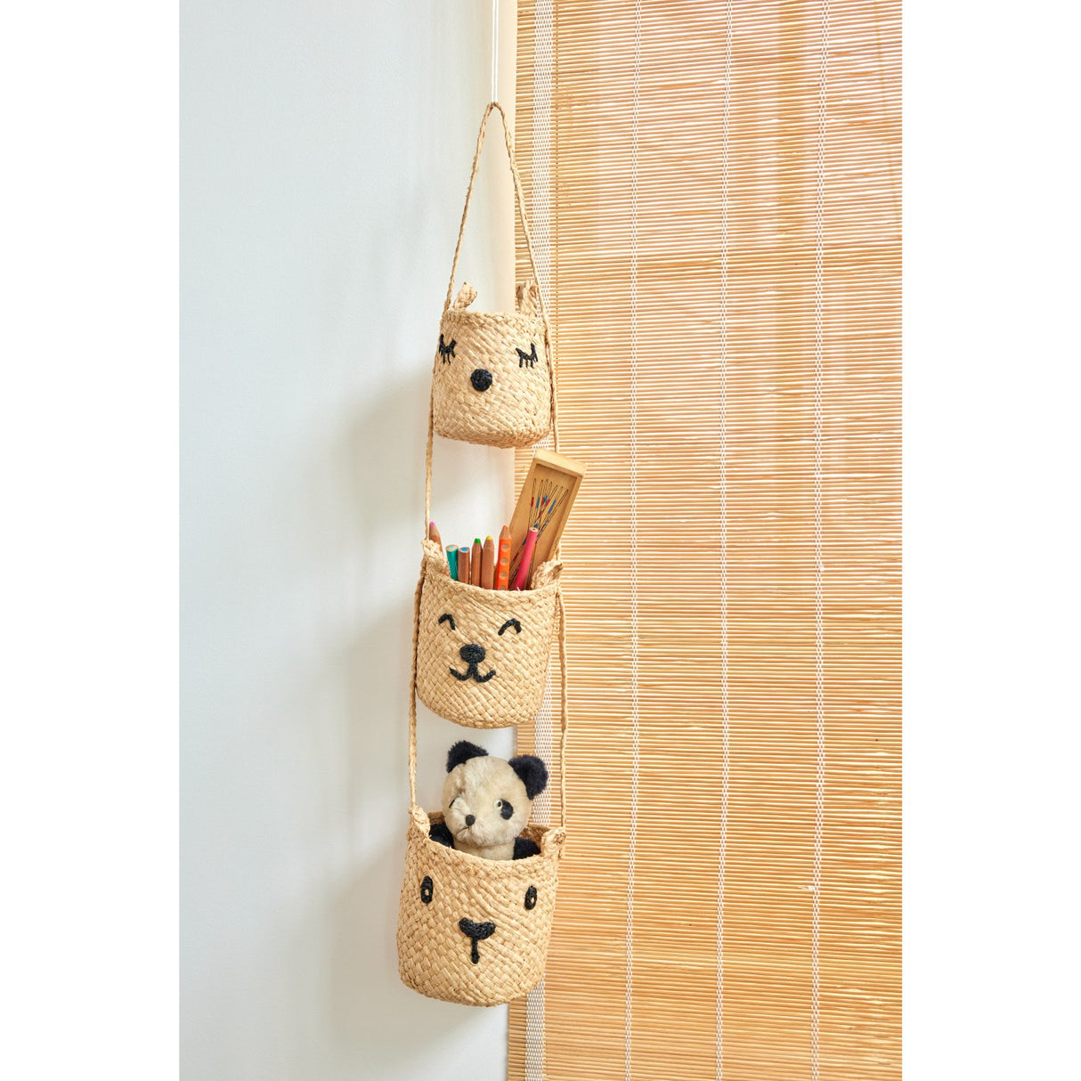 Rice Raffia 3-Tier Hanging Storage With Animal Faces In Natural