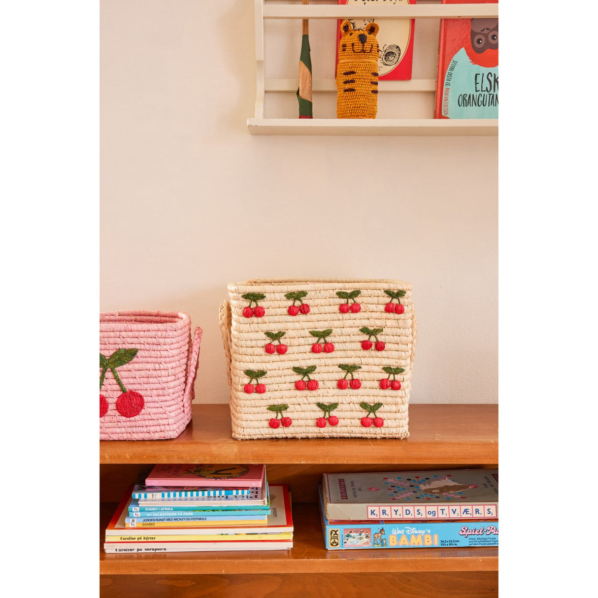 Rice Raffia Square Basket With Small Cherries All Over Embroidery - Raffia Handles