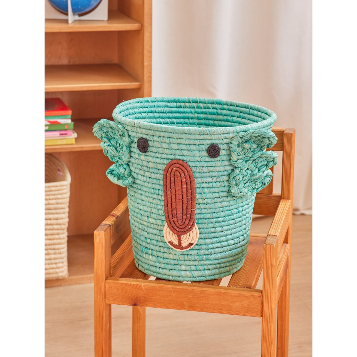 Rice Round Raffia Basket With Koala Head - Aqua