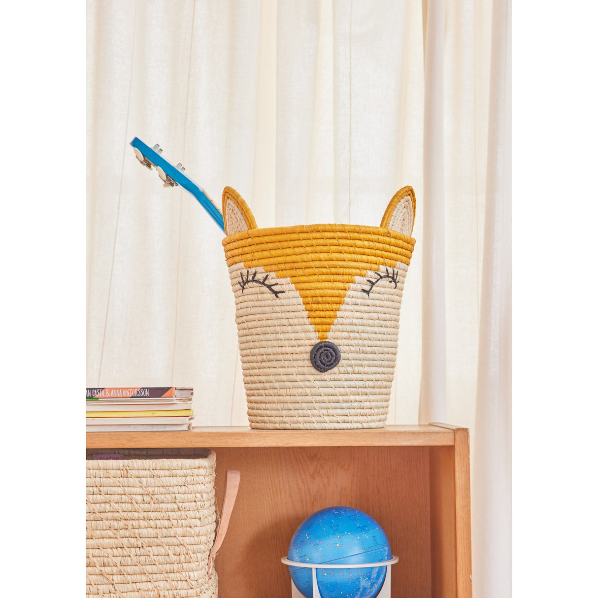 Rice Round Raffia Basket With Fox Head - Yellow