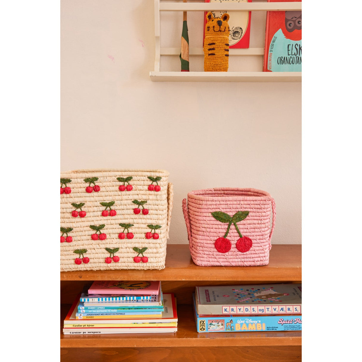 Rice Raffia Square Basket With Big Cherry Embroidery - Raffia Handles - Small