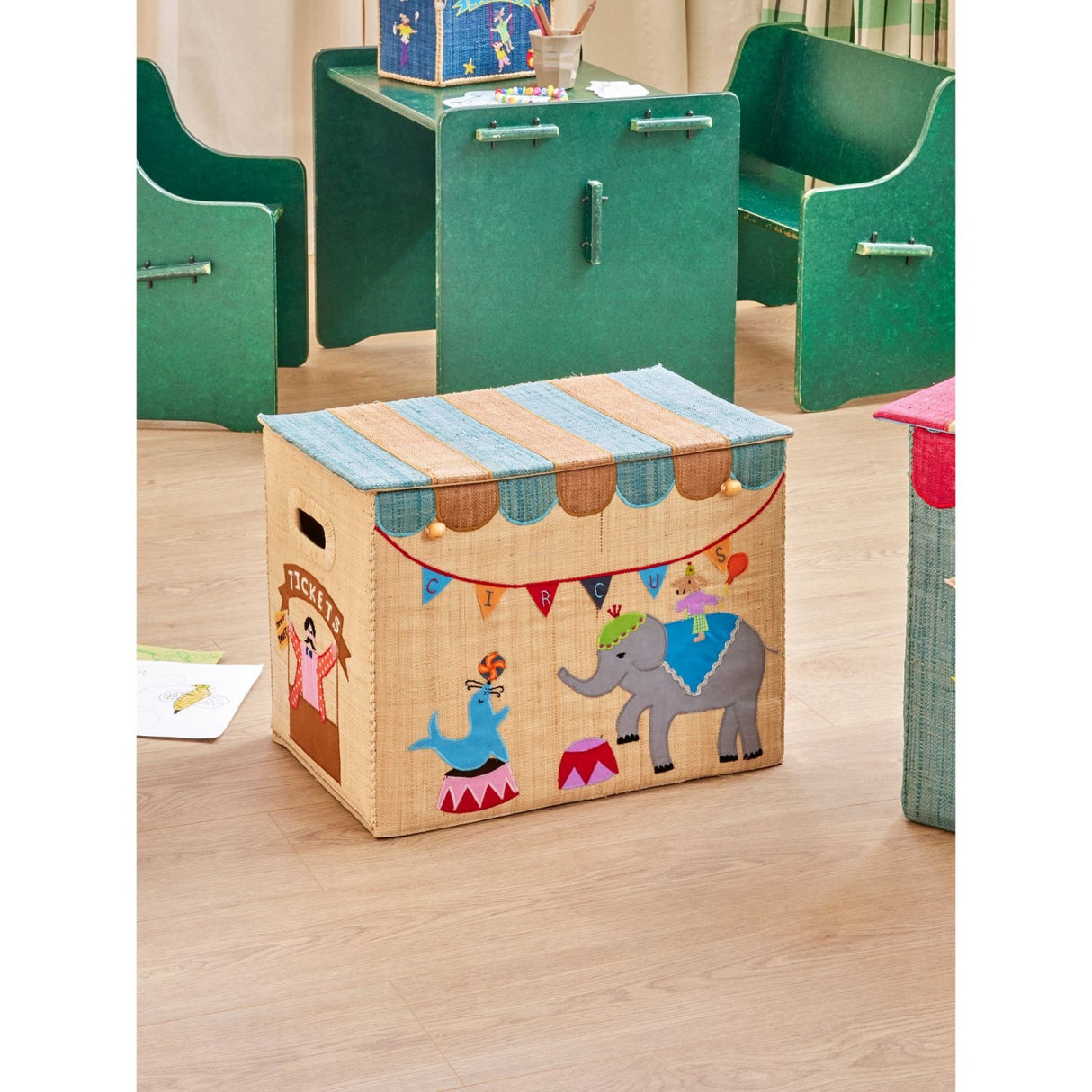 Rice Raffia Storage Box With Circus Theme - Large - Foldable
