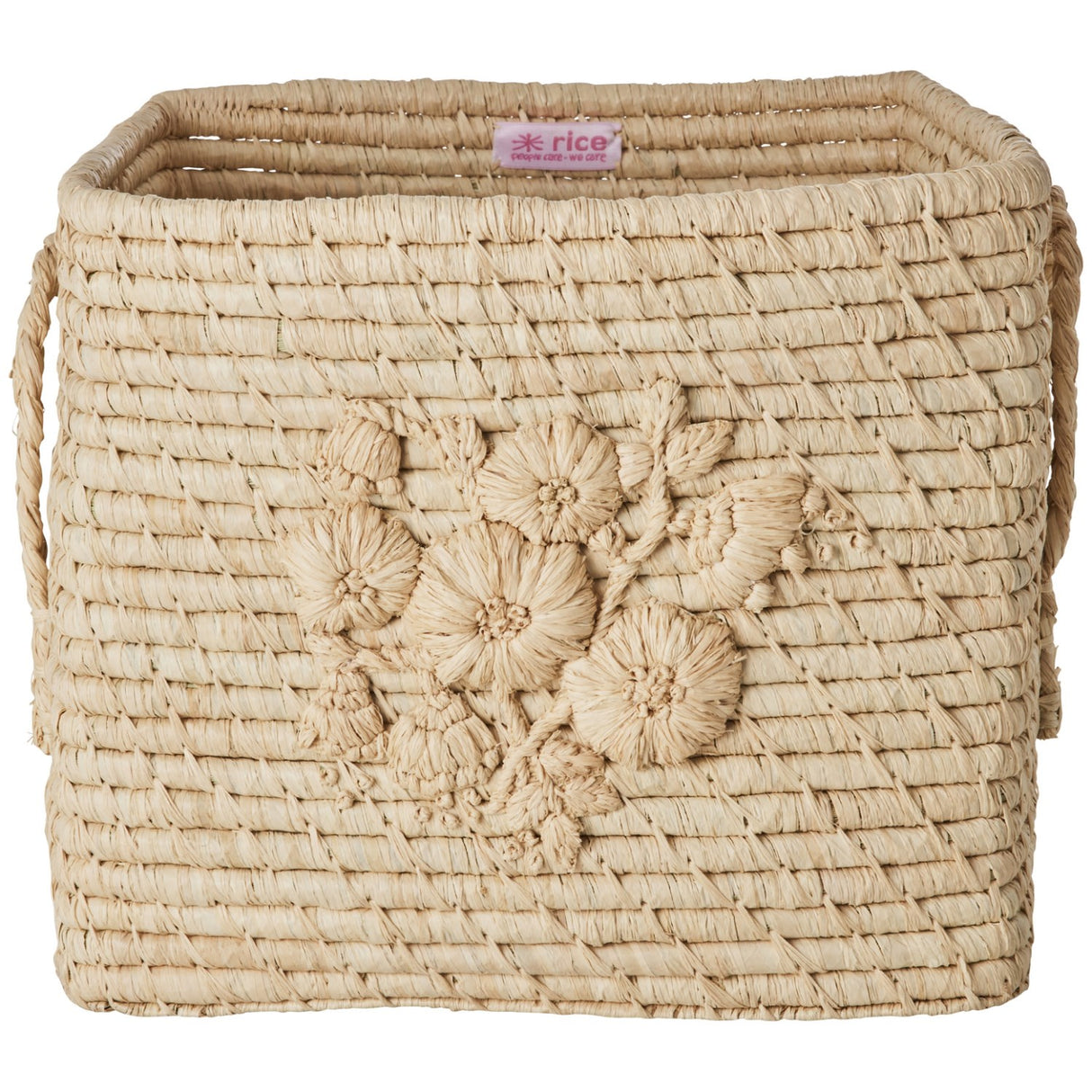 Rice Raffia Square Basket In Nature With Flower Embroidery - Raffia Handles