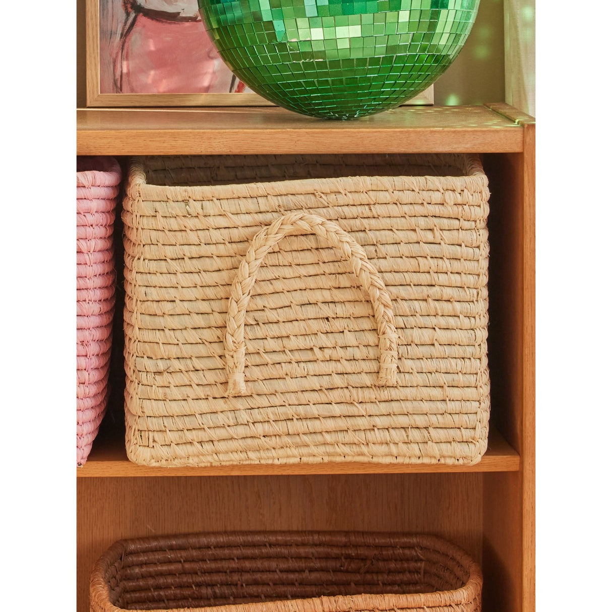 Rice Raffia Square Basket With Raffia Handles - Nature