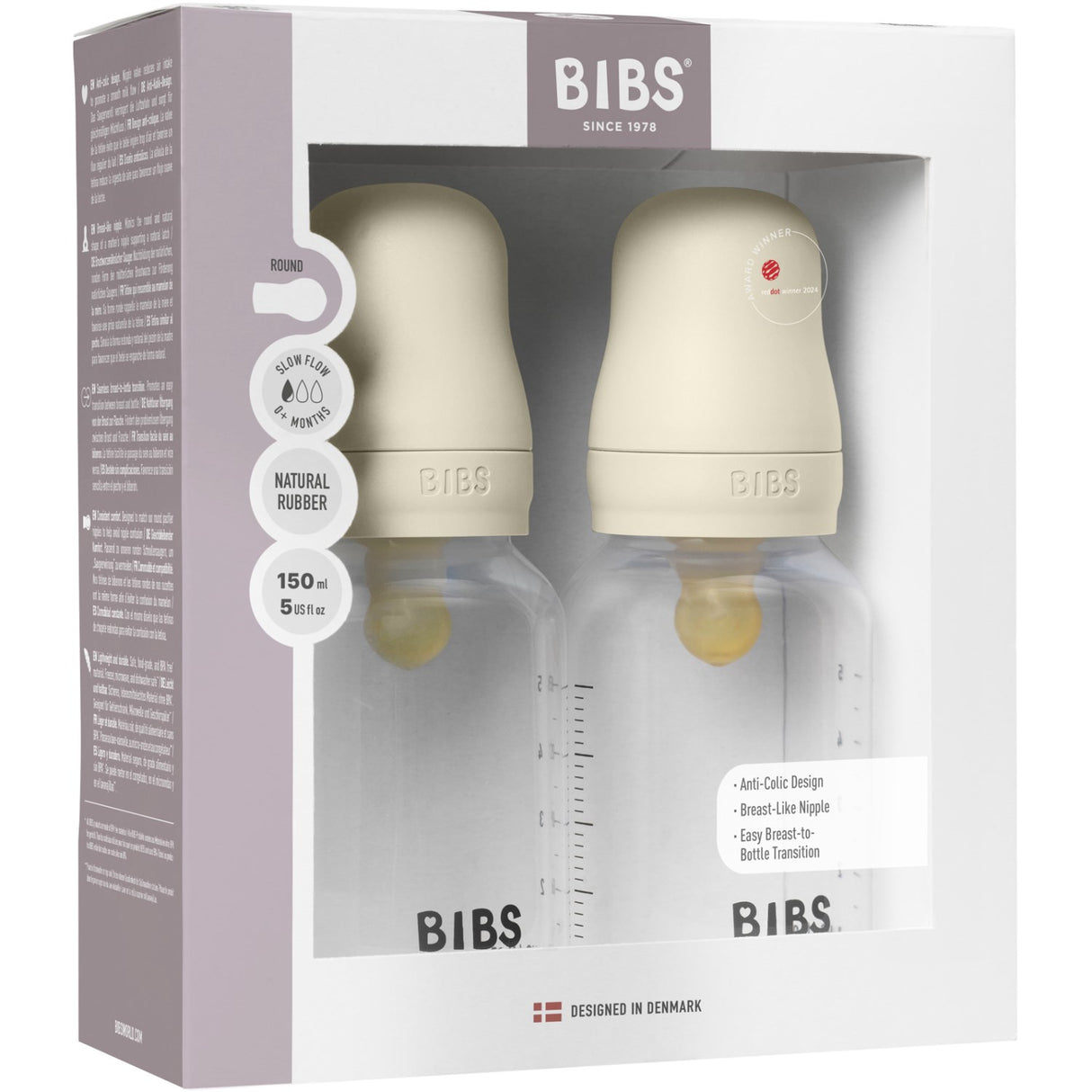 Bibs Ivory Bibs Baby Bottle Round Latex 2 Pack 150 ml Slow Flow
