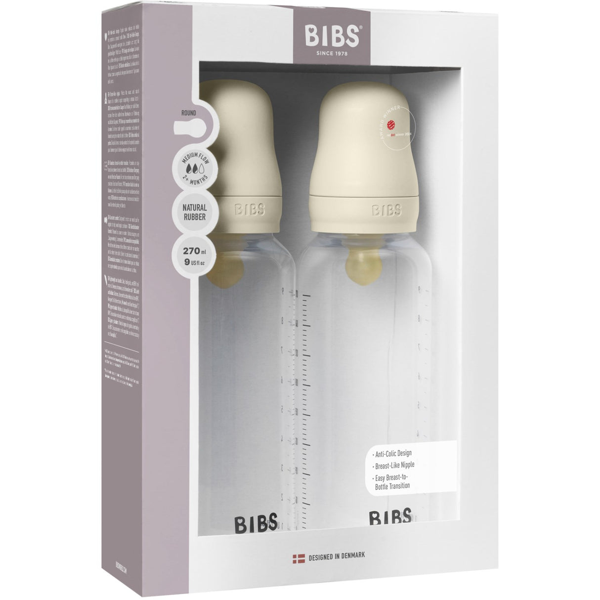 Bibs Ivory Bibs Baby Bottle Round Latex 2 Pack 270 ml Medium Flow