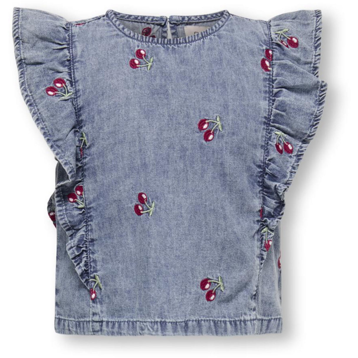 Kids ONLY MINI Medium Blue Denim Cherry Embroidery Dandy Frill Cherry Top Denim