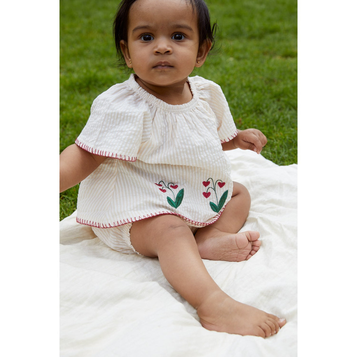 COPENHAGEN COLORS Dusty Rose W Cream Stripe W. Berry Seersucker Baby Set W. Embroidery