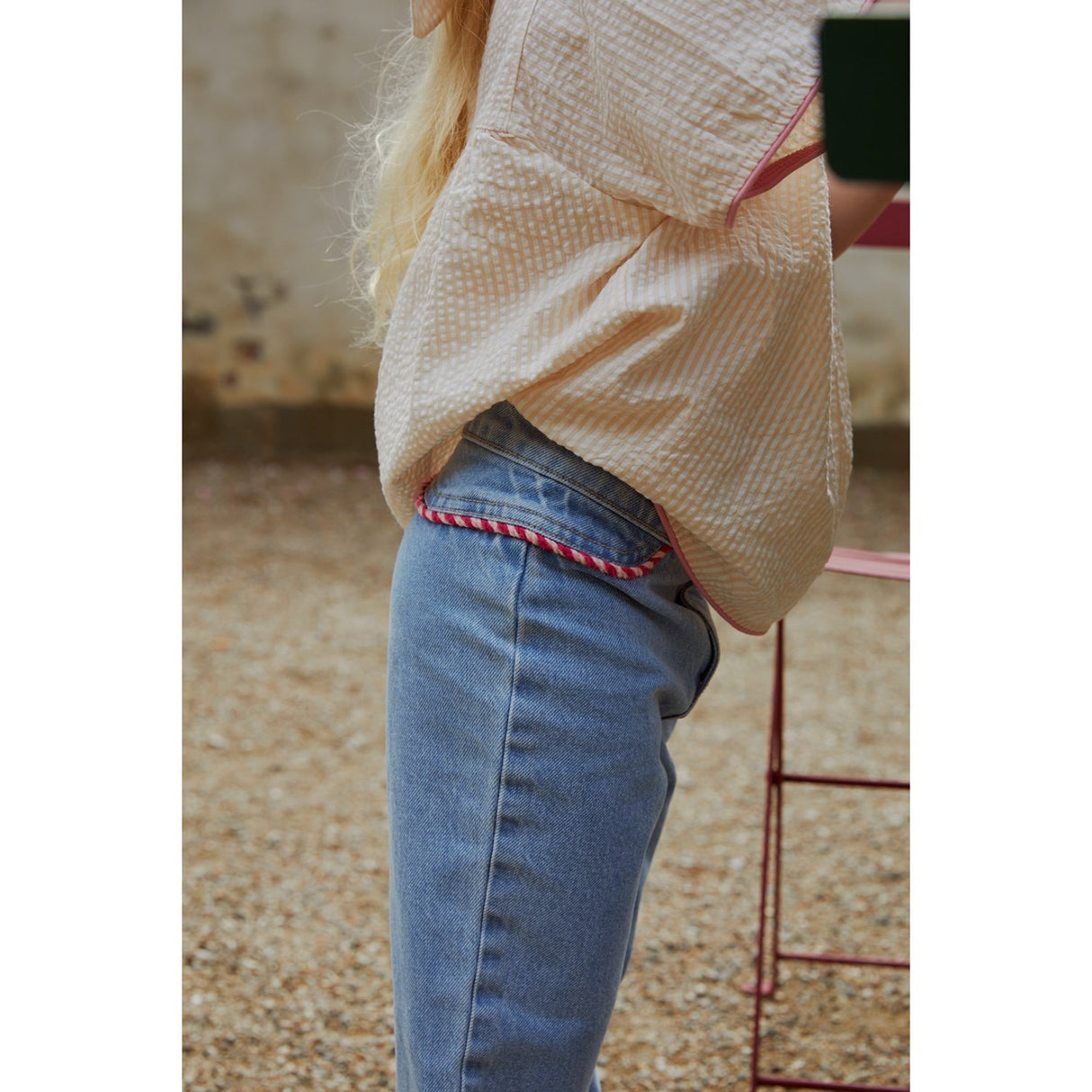 COPENHAGEN COLORS Dusty Rose W Cream Stripe W. Pink Seersucker Blouse W. Contrast Edge