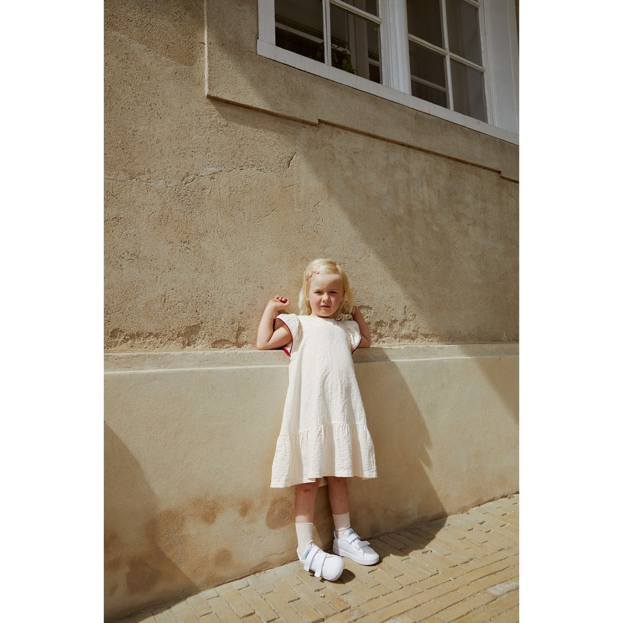 COPENHAGEN COLORS Dusty Rose W Cream Stripe W. Berry Seersucker Dress W. Frill Sleeves