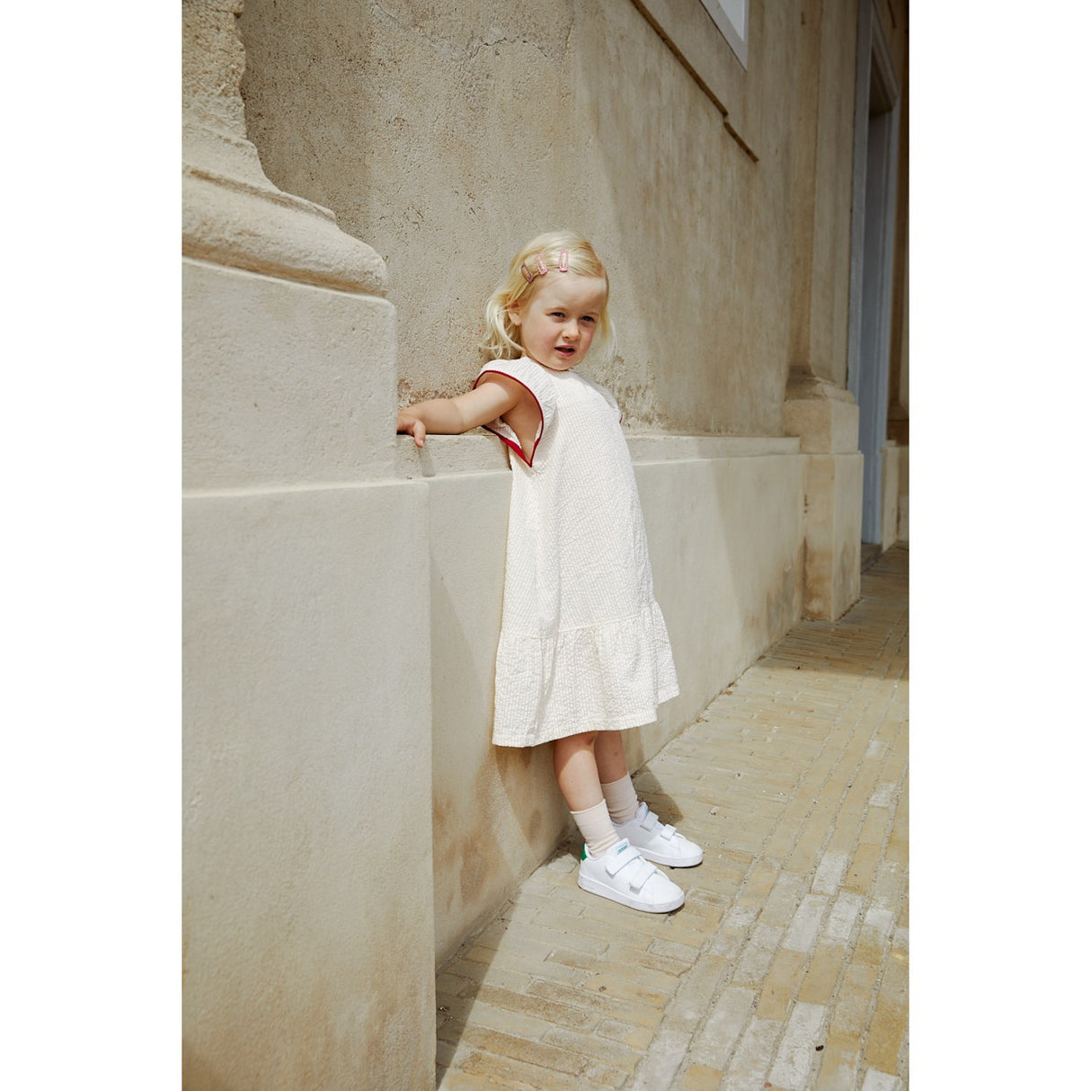 COPENHAGEN COLORS Dusty Rose W Cream Stripe W. Berry Seersucker Dress W. Frill Sleeves