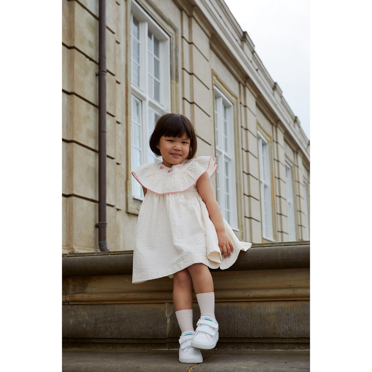 COPENHAGEN COLORS Dusty Rose W Cream Stripe W. Pink Seersucker Dress W. Heart