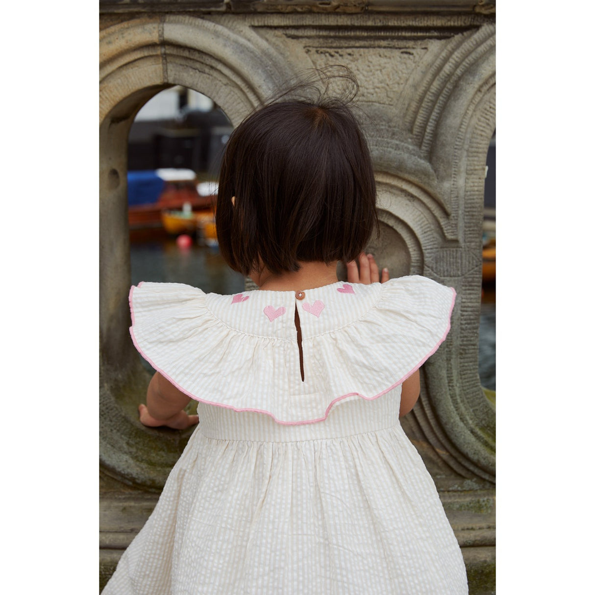 COPENHAGEN COLORS Dusty Rose W Cream Stripe W. Pink Seersucker Dress W. Heart