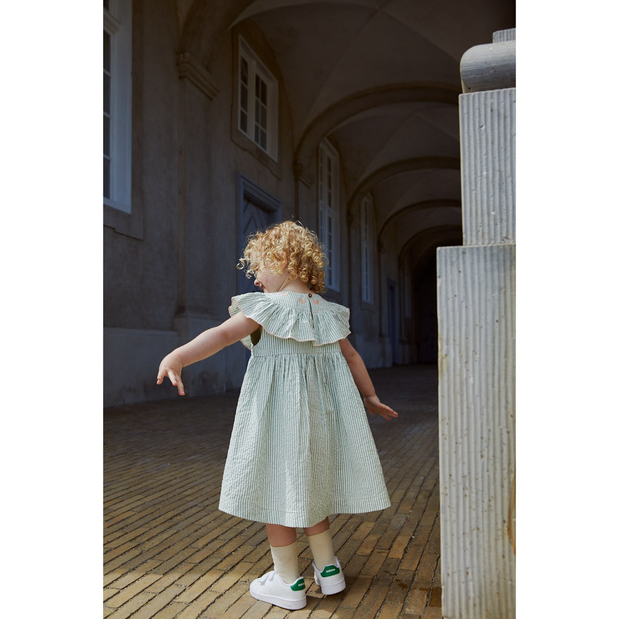 COPENHAGEN COLORS Green W Cream Stripe W. Dusty Rose Seersucker Dress W. Heart