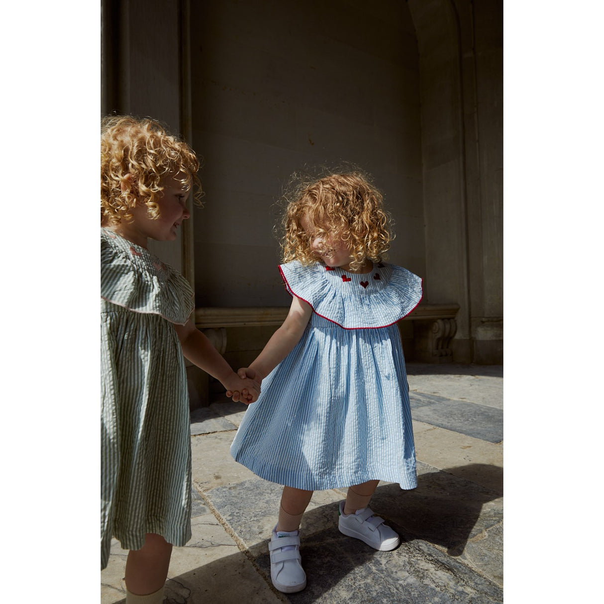 COPENHAGEN COLORS Green W Cream Stripe W. Dusty Rose Seersucker Dress W. Heart