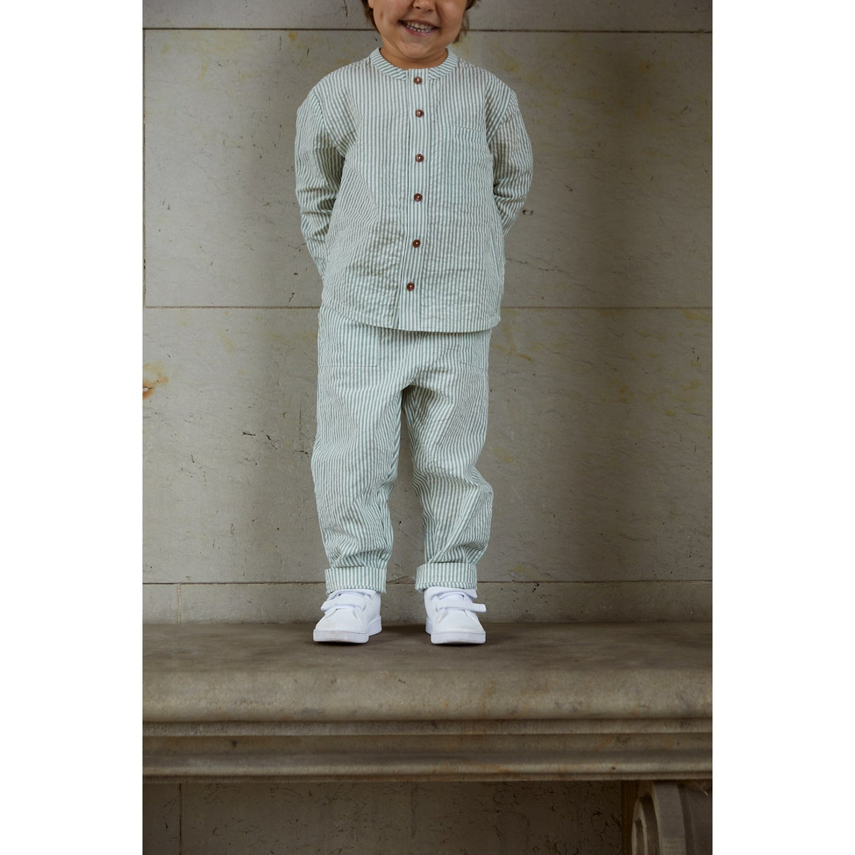 COPENHAGEN COLORS Green W Cream Stripe Seersucker Pants