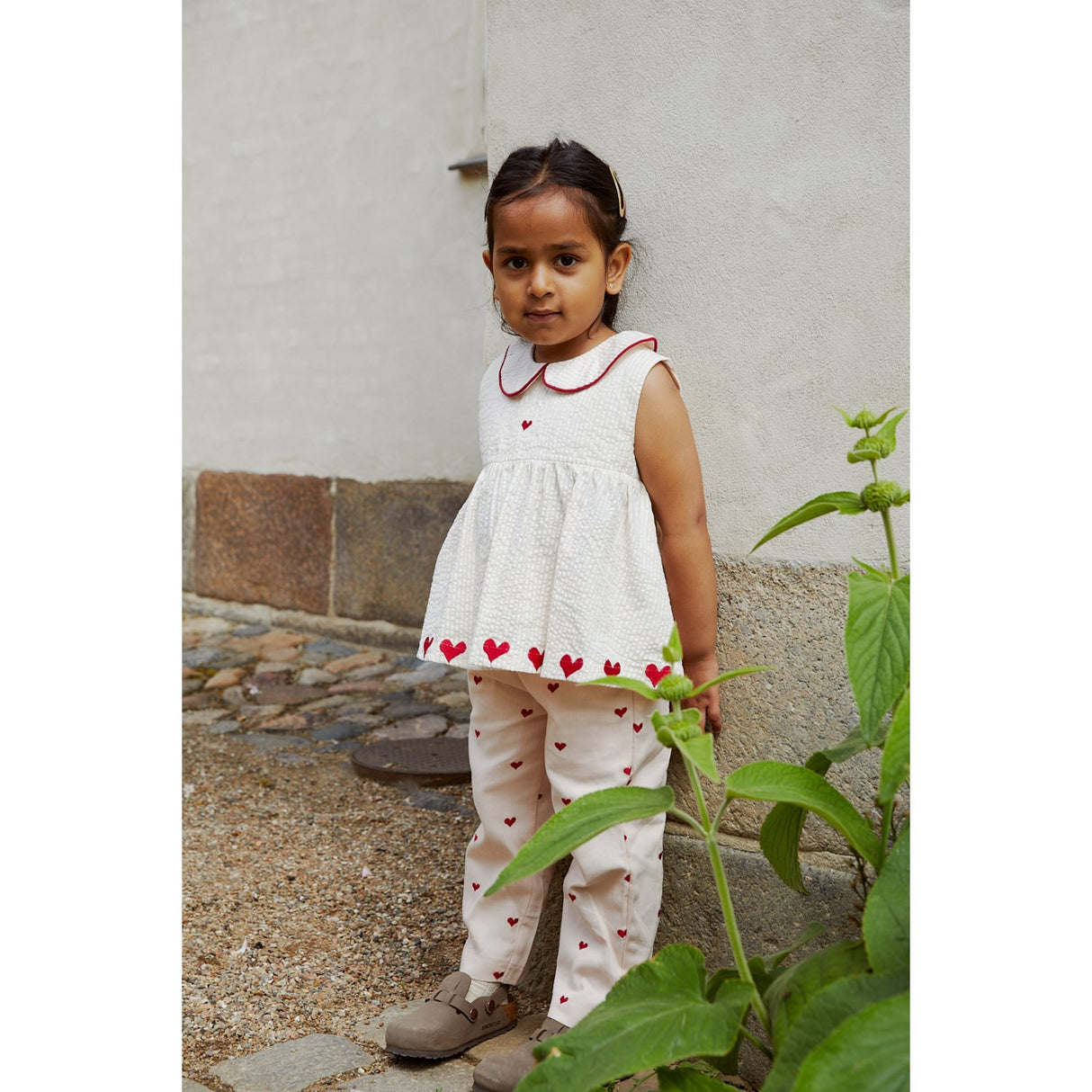 COPENHAGEN COLORS Dusty Rose W Cream Stripe W. Berry Seersucker Ss Blouse W. Hearts