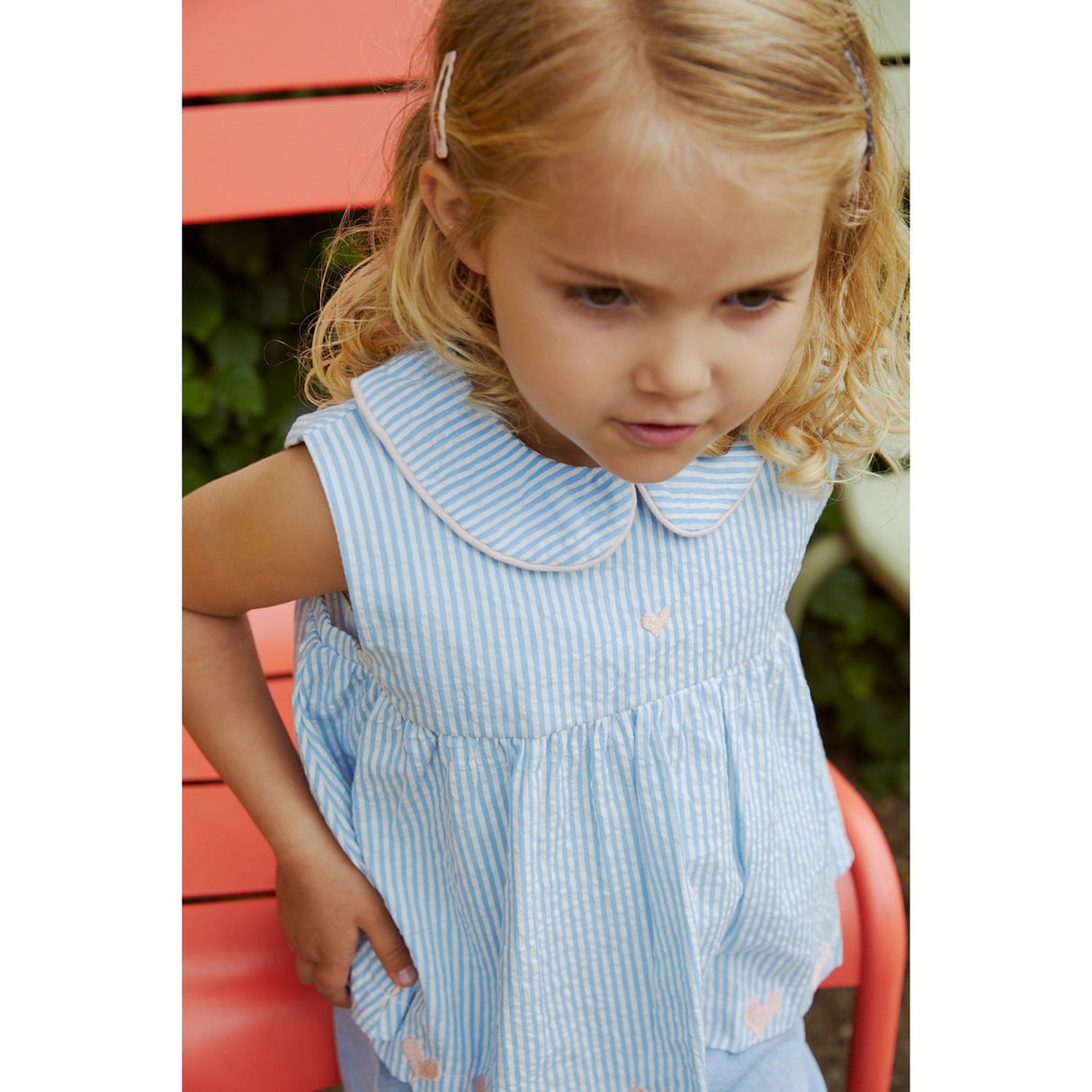 COPENHAGEN COLORS Sky Blue W Cream Stripe W. Soft Pink Seersucker Ss Blouse W. Hearts