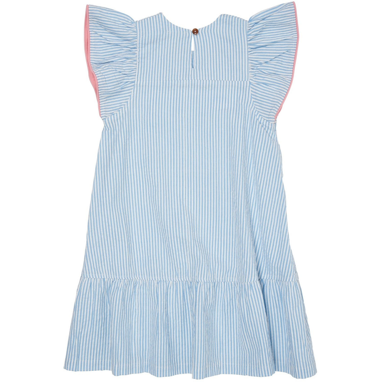 COPENHAGEN COLORS Sky Blue W Cream Stripe W. Pink Seersucker Dress W. Frill Sleeves