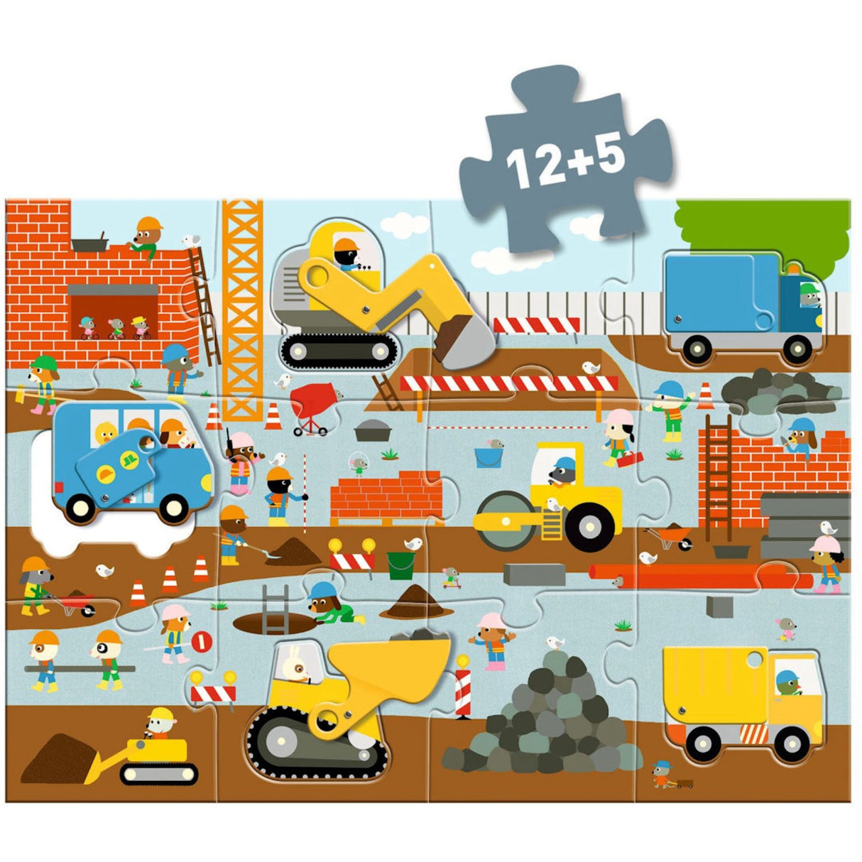 Djeco Gulvpuslespil, Byggepladsen - 12 Brikker + 5 Køretøjer
