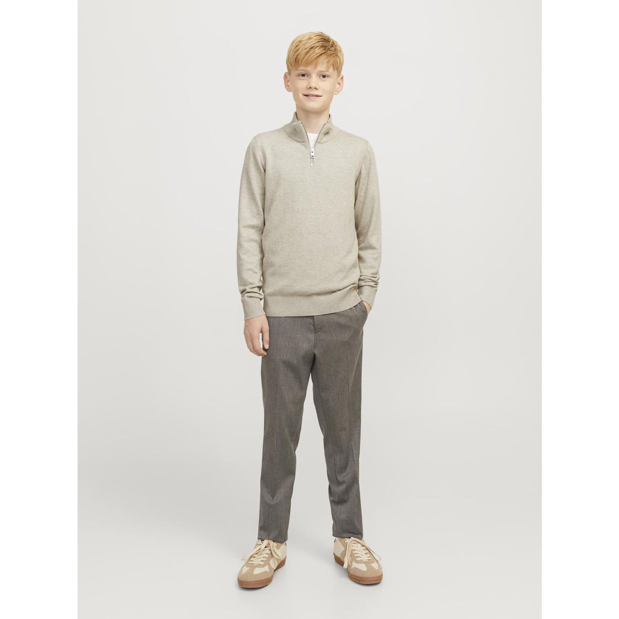 Jack & Jones Junior Oatmeal Melange Jjeemil Knit Half Zip Noos Jnr