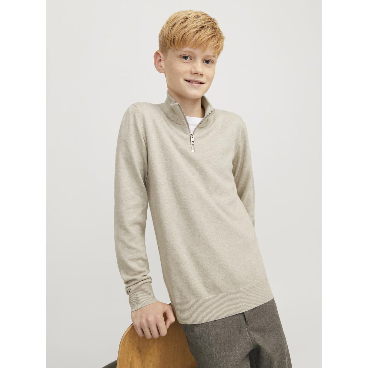 Jack & Jones Junior Oatmeal Melange Jjeemil Knit Half Zip Noos Jnr