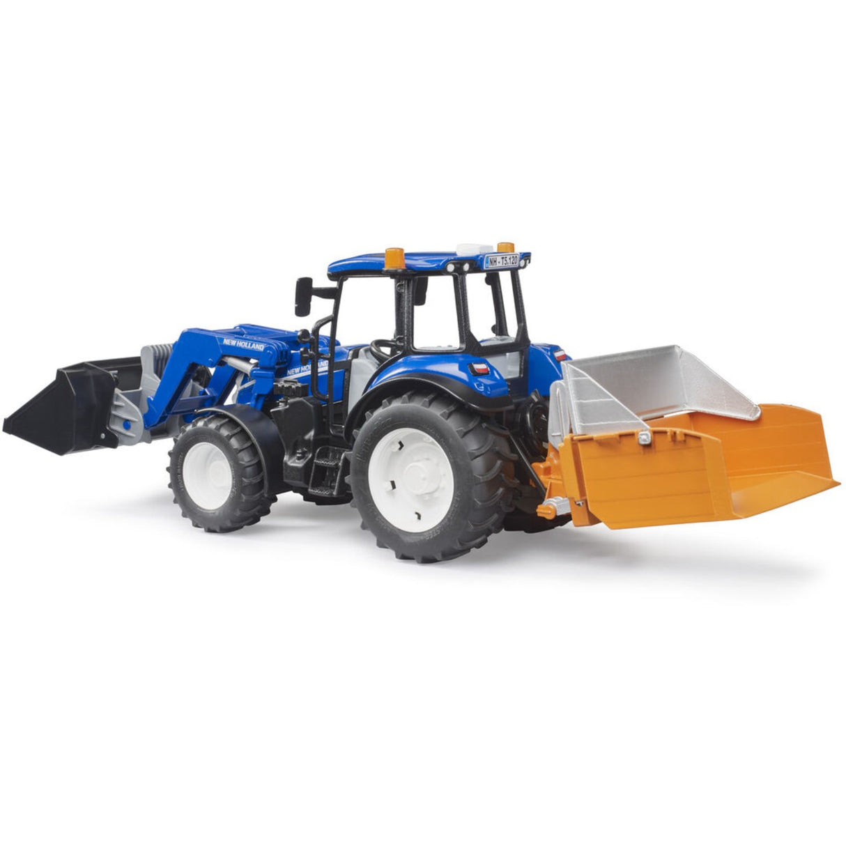 Bruder New Holland T5.120 With Slip-On Frontlæsser, Tømningskasse Og Gafler.