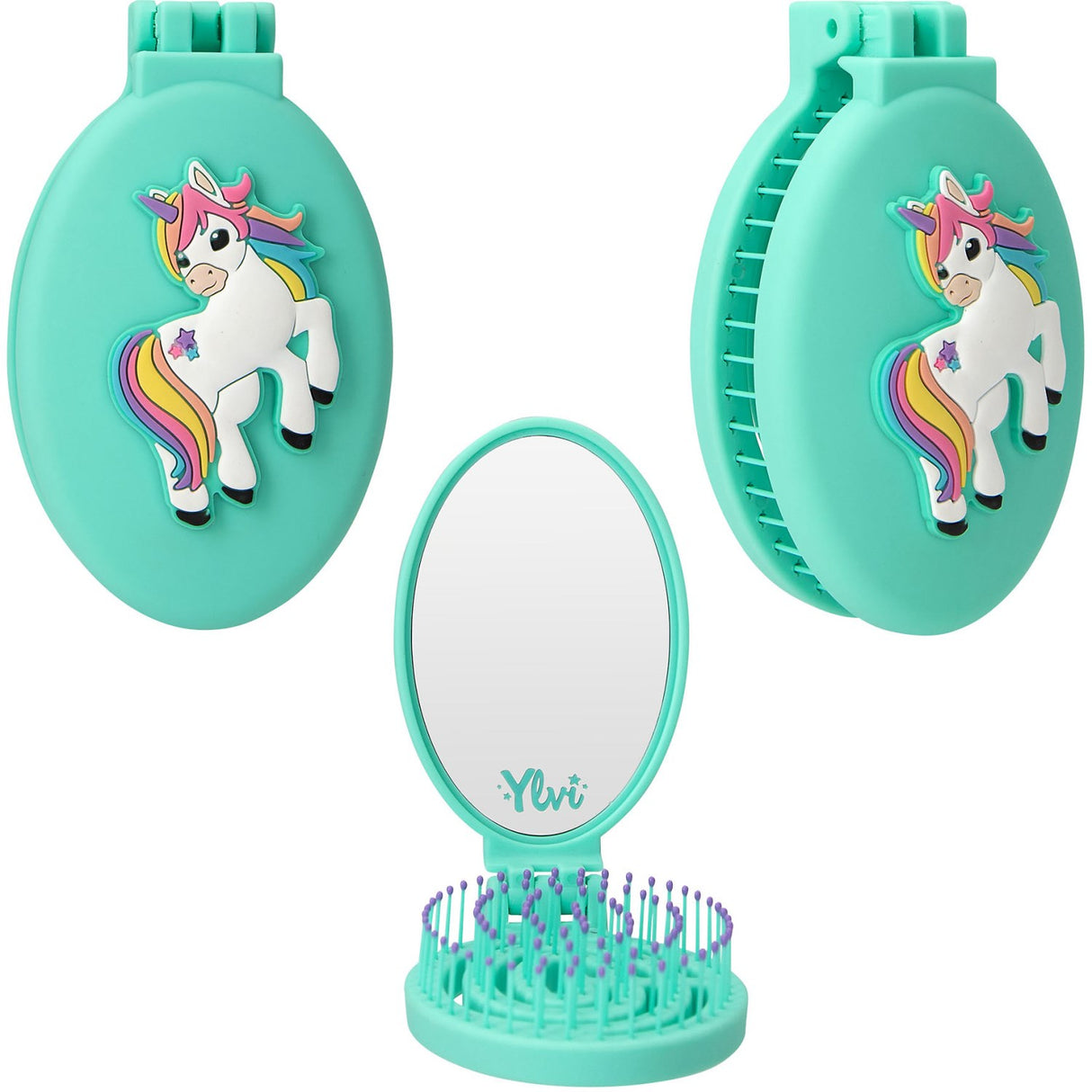Ylvi Mint Folding Hairbrush With Unicorn