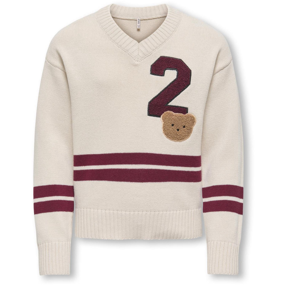 kids ONLY Birch Badge/Cabernet Kogjanny Life L/S Varsity V-Neck Knt