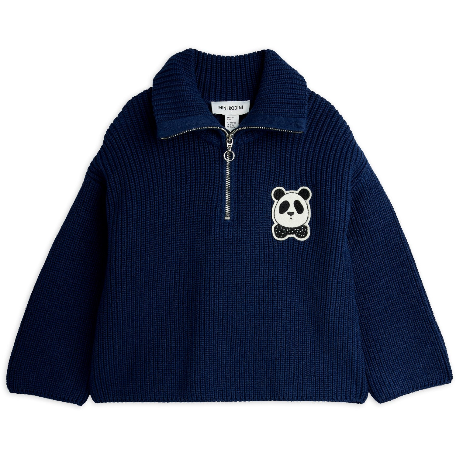 Buy Mini Rodini Blue Panda Patch Chunky Knit Half Zip Sweater