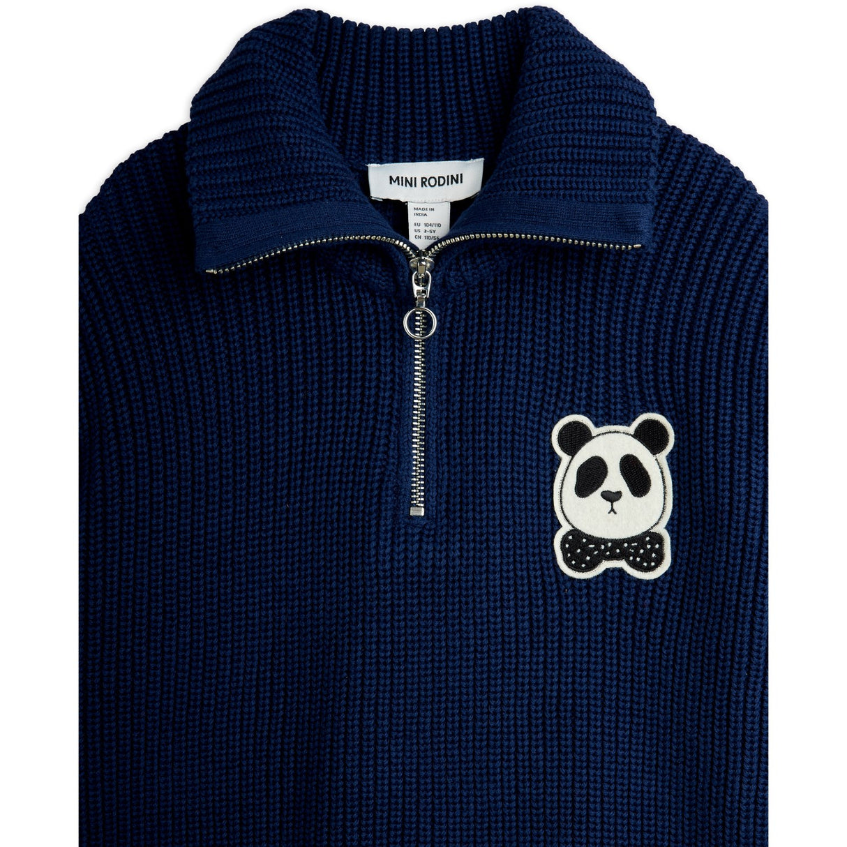 Mini Rodini Blue Panda Patch Chunky Knit Half Zip Sweater