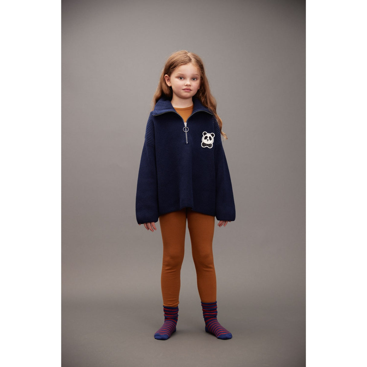 Mini Rodini Blue Panda Patch Chunky Knit Half Zip Sweater