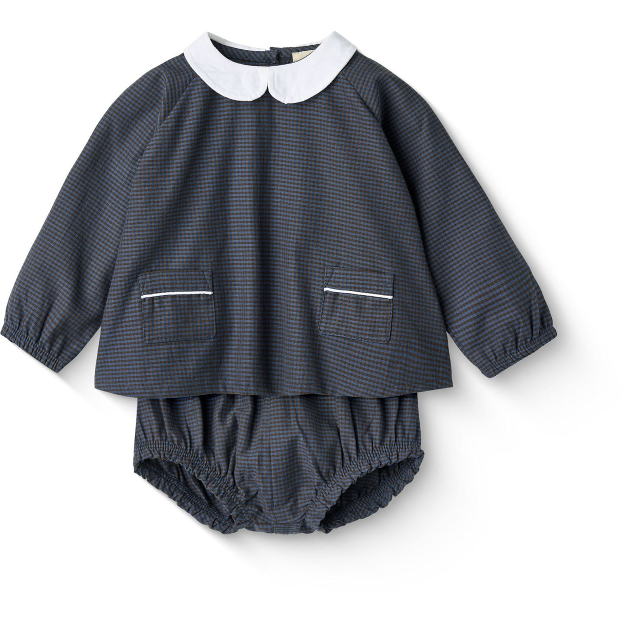 COPENHAGEN COLORS Brown/Blue Check Comb. Checkered Baby-Set W. Blouse And Bloomer