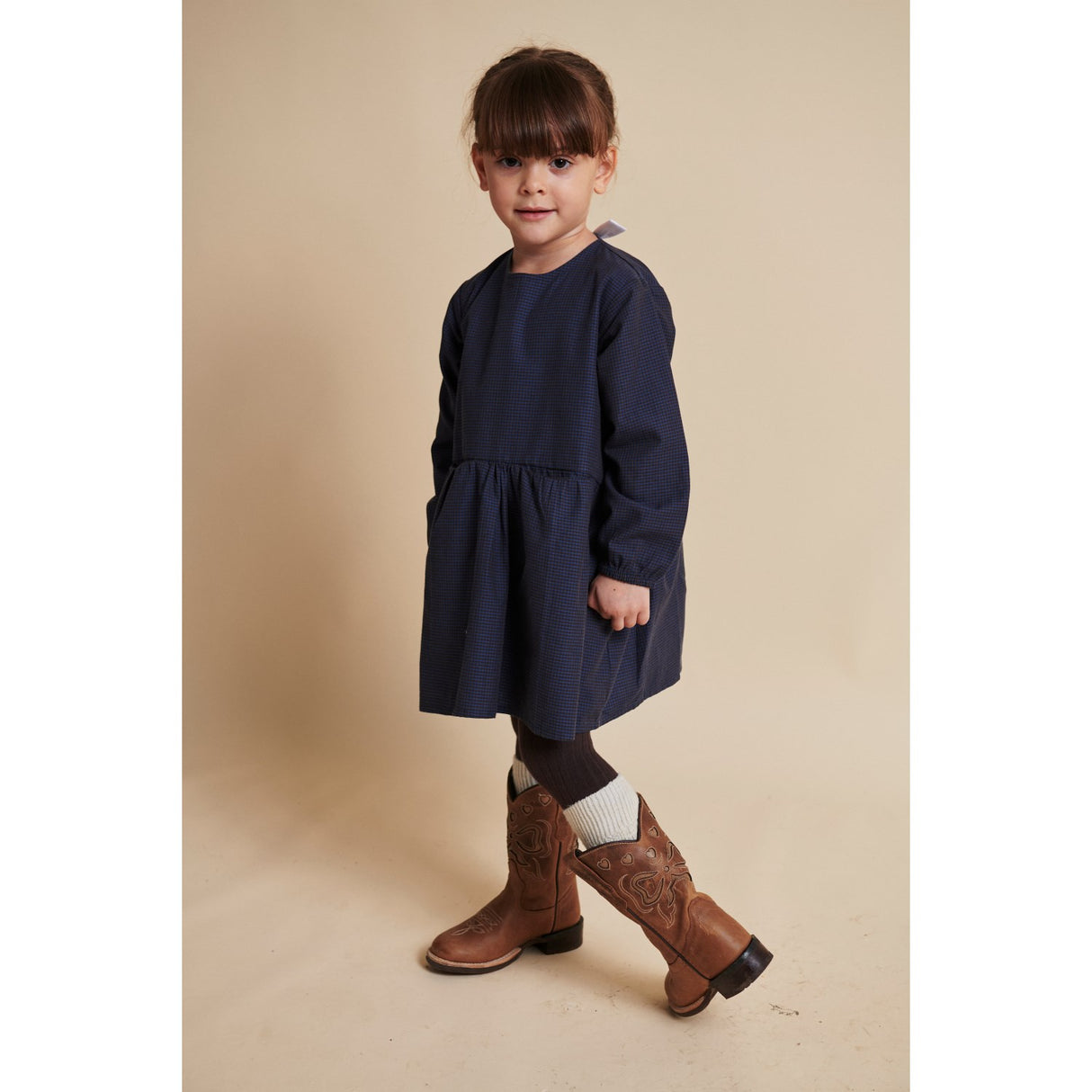 COPENHAGEN COLORS Brown/Blue Check Comb. Checkered Dress W. Backside Bow