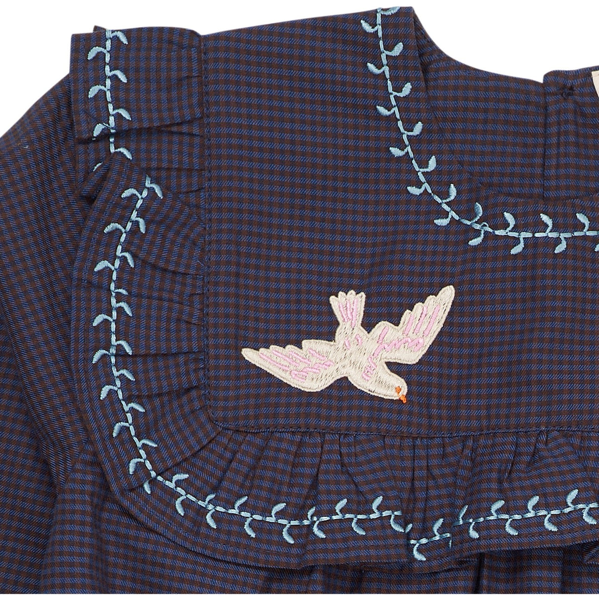 COPENHAGEN COLORS Brown/Blue Check Comb. Checkered Dress W. Embroidery And Ruffle