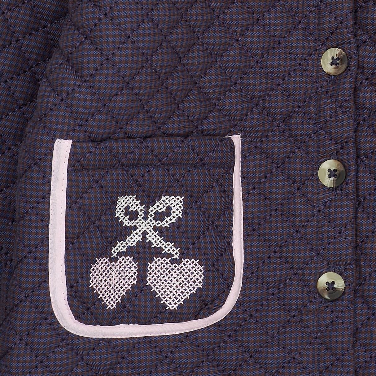 COPENHAGEN COLORS Brown/Blue Check Comb. Checkered Quilted Jacket W. Embroidery